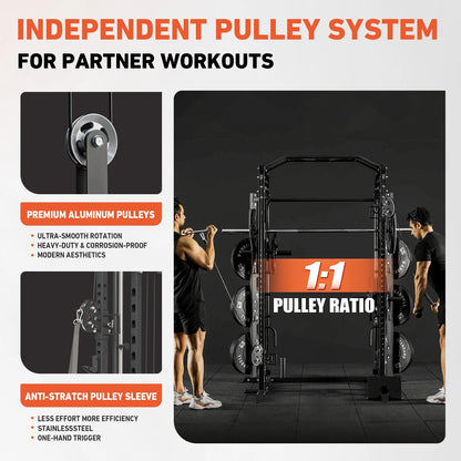 All-In-One Smith Machine Power Rack with Vertical Leg Press and Dual Pulley Cable Crossover System, 2000 lbs Capacity for Home Gym