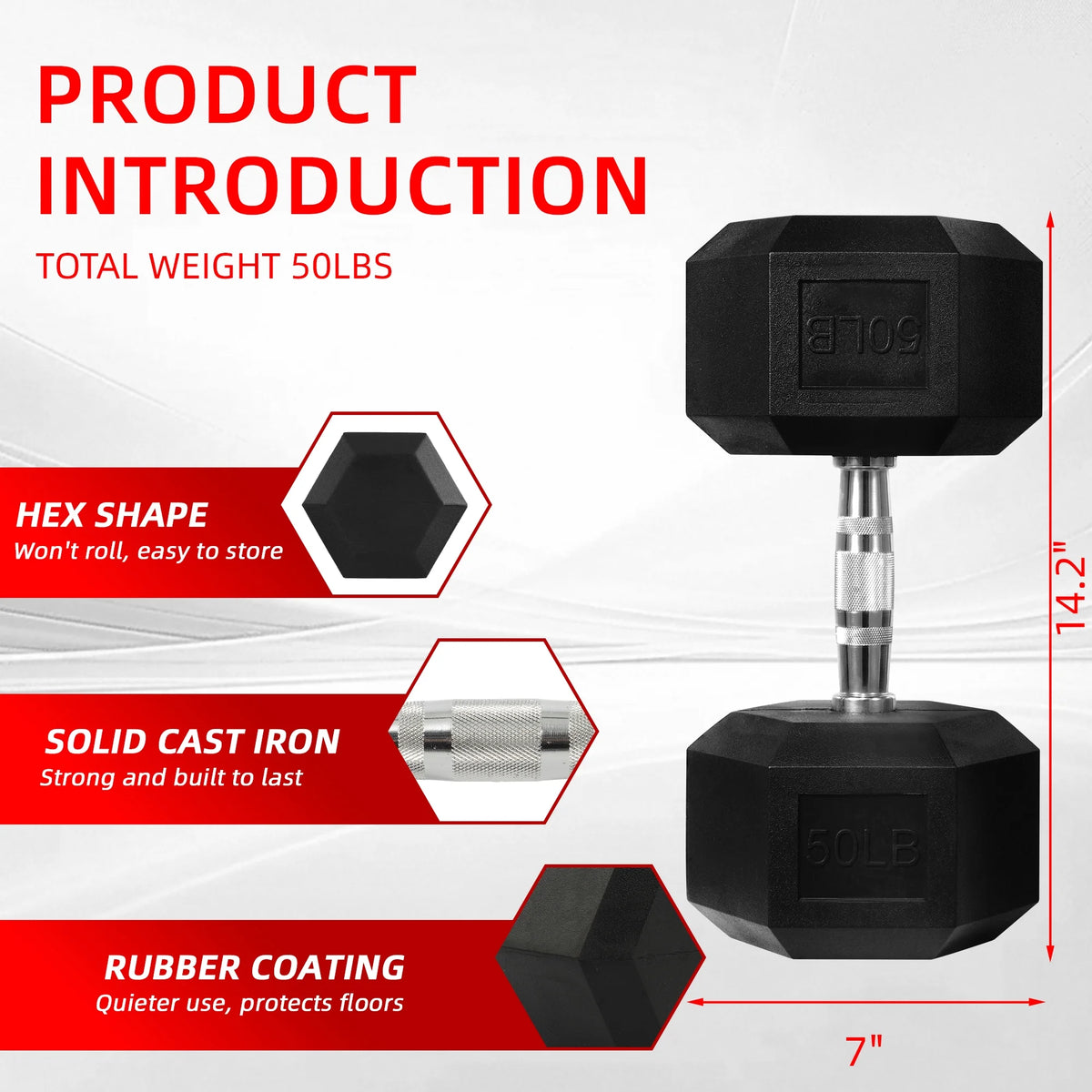 50 lb Rubber-Coated Hex Dumbbell, Single Unit