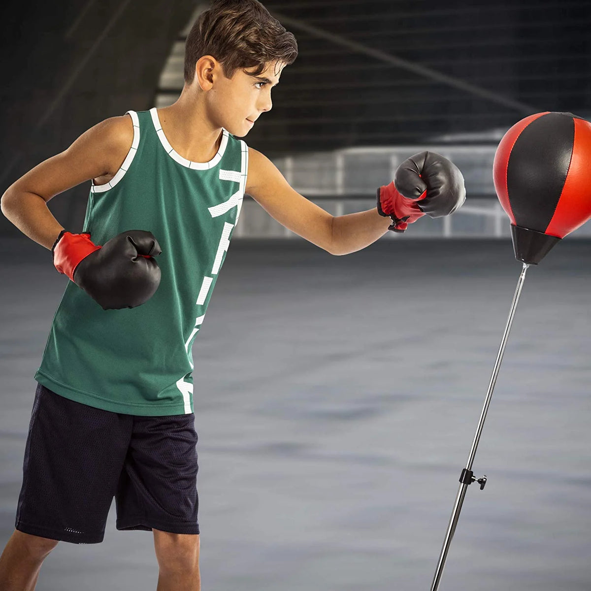 Playworld Boxing Punching Bag Set with Gloves, Pump, and Adjustable Stand in Red