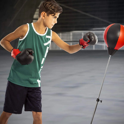 Playworld Boxing Punching Bag Set with Gloves, Pump, and Adjustable Stand in Red