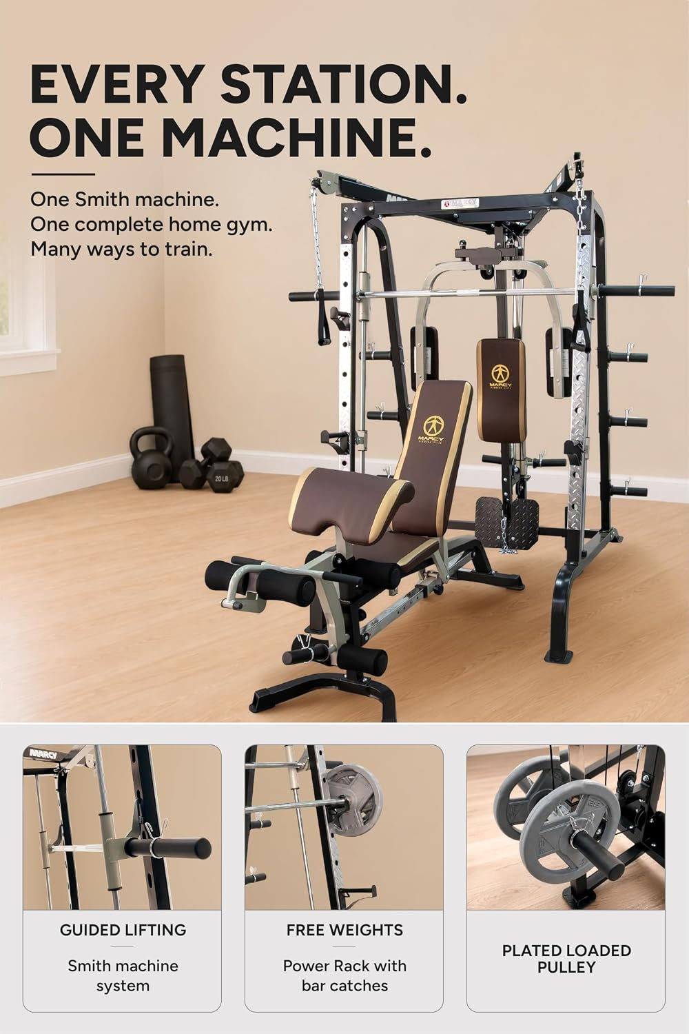 Marcy Smith Cage Workout Machine - Complete Full Body Strength Training Home Gym System with Leg Developer, Press Bar, PEC Deck, and Squat Rack