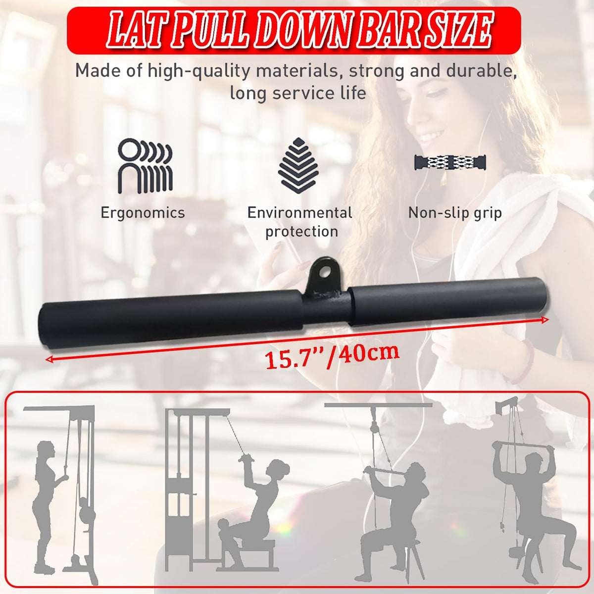 LAT Pull Down Bar Attachment for Cable Machines - Rubber Handle Fitness Accessory for Home Gym Muscle Building and Strength Training