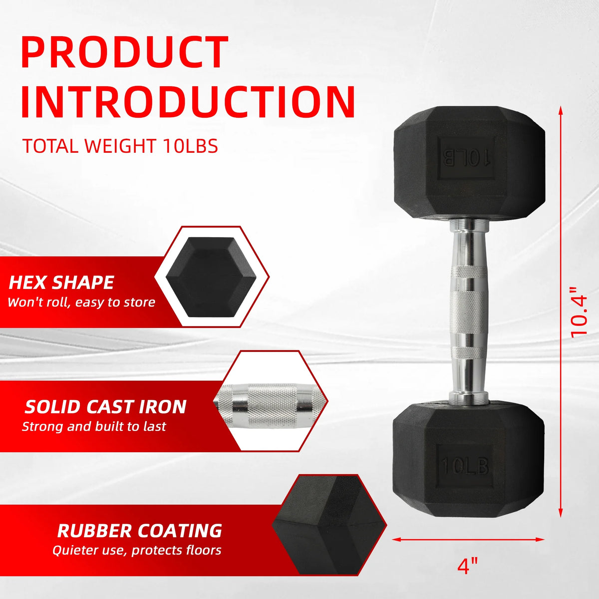 10 lb Rubber-Encased Hex Dumbbell in Black