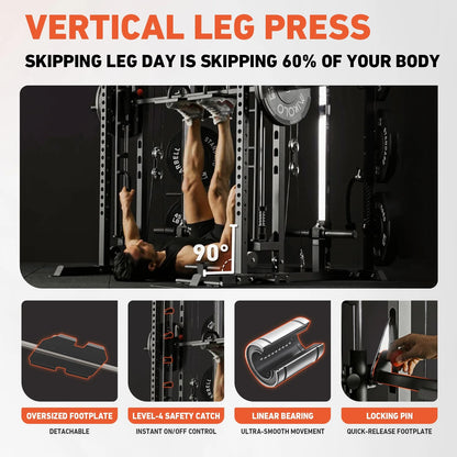 All-In-One Smith Machine Power Rack with Vertical Leg Press and Dual Pulley Cable Crossover System, 2000 lbs Capacity for Home Gym