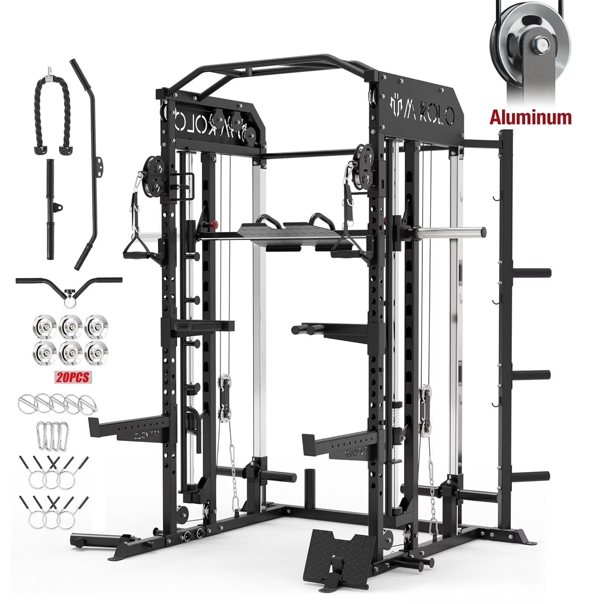 All-In-One Smith Machine Power Rack with Vertical Leg Press and Dual Pulley Cable Crossover System, 2000 lbs Capacity for Home Gym