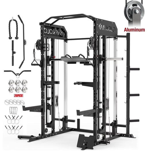 All-In-One Smith Machine Power Rack with Vertical Leg Press and Dual Pulley Cable Crossover System, 2000 lbs Capacity for Home Gym