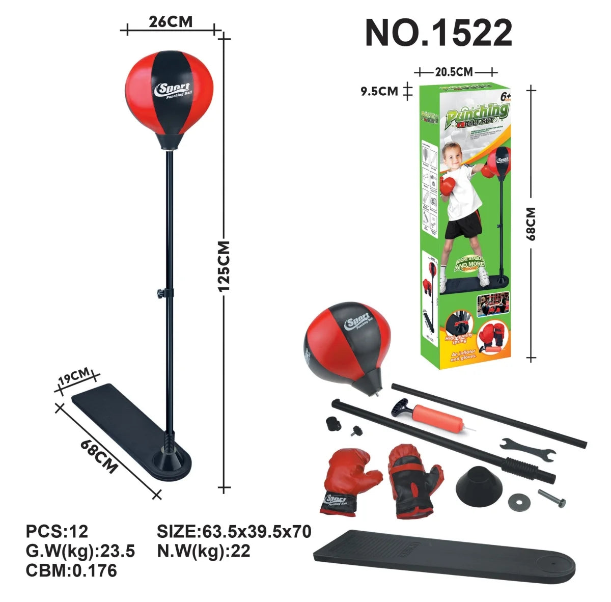 Playworld Boxing Punching Bag Set with Gloves, Pump, and Adjustable Stand in Red