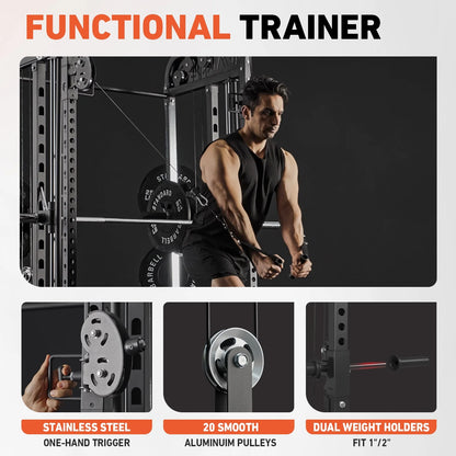 All-In-One Smith Machine Power Rack with Vertical Leg Press and Dual Pulley Cable Crossover System, 2000 lbs Capacity for Home Gym