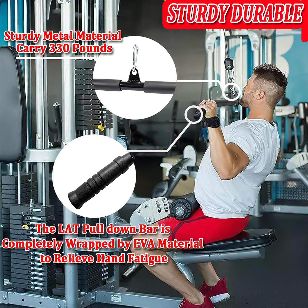 LAT Pull Down Bar Attachment for Cable Machines - Rubber Handle Fitness Accessory for Home Gym Muscle Building and Strength Training