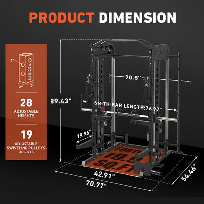 All-In-One Smith Machine Power Rack with Vertical Leg Press and Dual Pulley Cable Crossover System, 2000 lbs Capacity for Home Gym