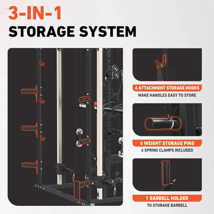 All-In-One Smith Machine Power Rack with Vertical Leg Press and Dual Pulley Cable Crossover System, 2000 lbs Capacity for Home Gym
