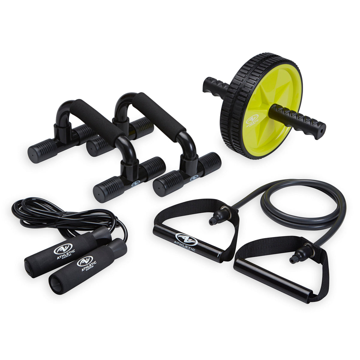 Comprehensive Home Gym Set: Resistance Tubes, Ab Wheel, Jump Rope, and Push-Up Bars