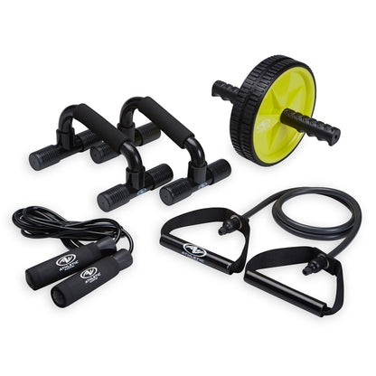 Comprehensive Home Gym Set: Resistance Tubes, Ab Wheel, Jump Rope, and Push-Up Bars
